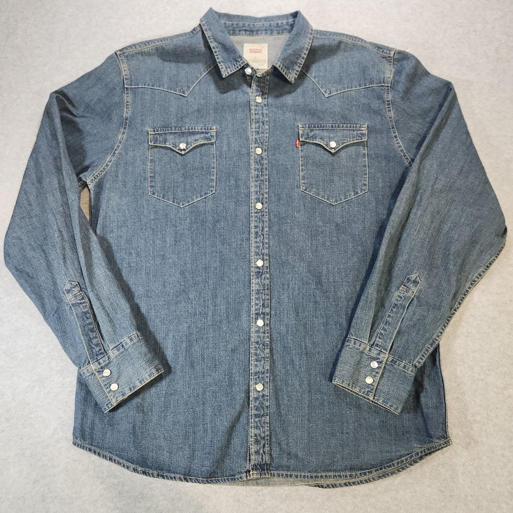 Levis Mens XL Denim Western Shirt Long Sleeve Pearl Snap Blue Jean Button Down